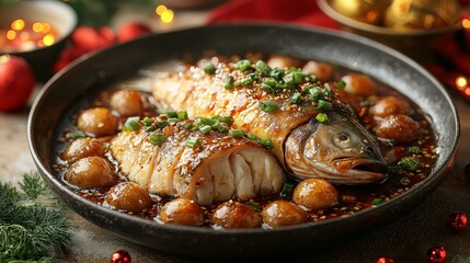 Deliciously cooked fish with sauce and garnishes for a festive meal