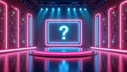 Neon stage for quiz show on TV. Modern game show set with glowing purple, blue neon lights. Large question mark on screen. Circular podium stage. Interactive walls. Live TV show event. Tournament