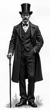 Elegant vintage man in black suit, top hat. Gentleman poses with walking stick. Formal attire. Retro style. Possible 1900s earlier. Stylish look. Classic french fashion. Man wearing elegant coat