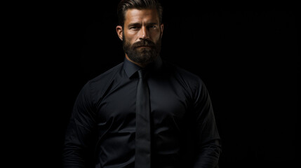 Obraz premium A man with a beard and a black shirt is standing