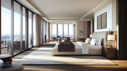 Fototapeta premium A spacious bedroom with an oversized bed, stylish decor, and floor-to-ceiling windows that fill the space with natural light.