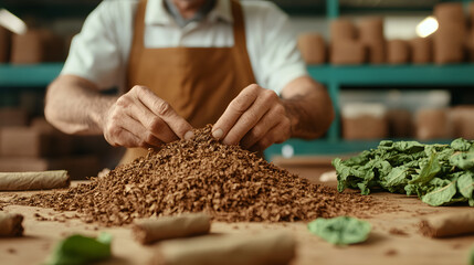 Organic Burley-type tobacco, carefully harvested and prepared, ready for rolling into cigars or cigarettes, offering a smooth and rich flavour for tobacco enthusiasts