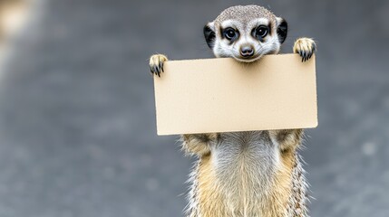 A meerkat stands upright holding a small, blank sign against a softly blurred background, offering potential for creative messages or captions.