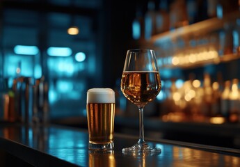 Fototapeta premium Refreshing Glasses of Beer and Wine Served in a Stylish Bar Environment with Dim Lighting and a Vibrant Atmosphere Creating a Perfect Setting for Socializing