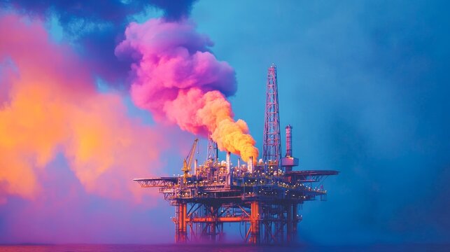 An offshore oil rig stands against a dramatic sunset sky, emitting colorful smoke plumes, illustrating energy production and environmental impact concepts.