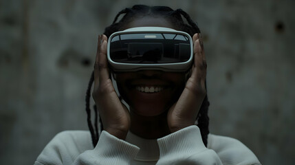 Happy woman using VR headset, smiling.