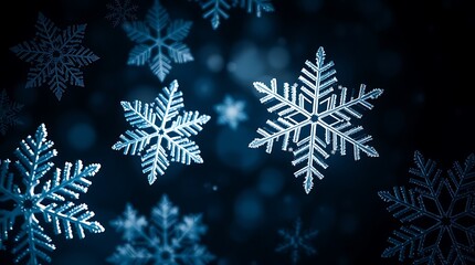Winter's Delicate Dance:  A mesmerizing close-up of intricately detailed snowflakes gently falling against a deep blue backdrop.  The image evokes a sense of serene winter wonder.