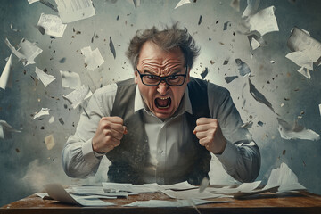 An angry businessman wearing glasses, shouting and destroying documents with his fists on the table in front of him
