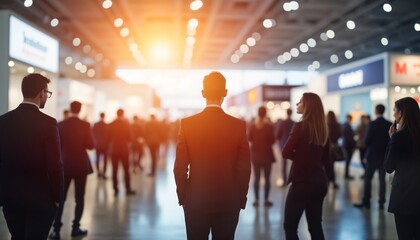 Large trade fair busy with business people. Many people walk around trade show booths. Silhouettes of business people blurred. Lively energetic event. People look engaged in networking, commerce.