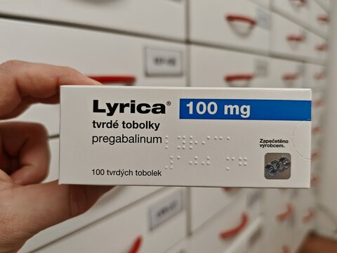 Prague, Czech Republic - December 7 2024: LYRICA box with PREGABALIN active substance by PFIZER, used for neuropathic pain, epilepsy, and anxiety disorders.	
