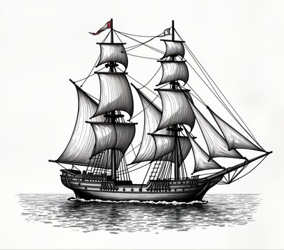 Vintage sailing ship illustration. Detailed hand drawn brigantine icon. Antique style. Elegant sailing vessel on water. Nautical theme. Maritime illustration. Seafaring concept. Travel imagery.