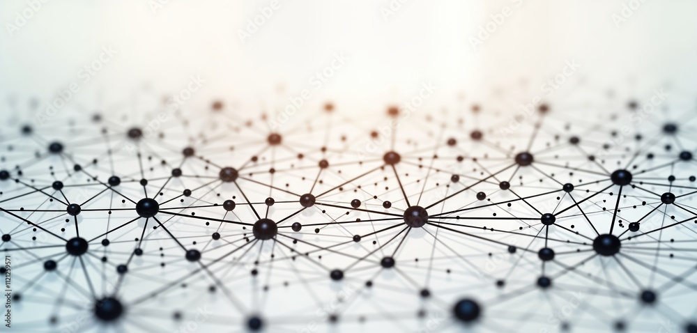 Poster abstract illustration shows intricate network of interconnected nodes. black spheres represent data 