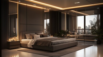 Contemporary bedroom design with a large bed, sleek furnishings, and elegant lighting that enhances the serene environment.
