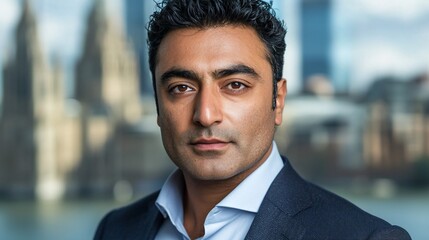 Fototapeta premium Confident businessman portrait against blurred London cityscape.