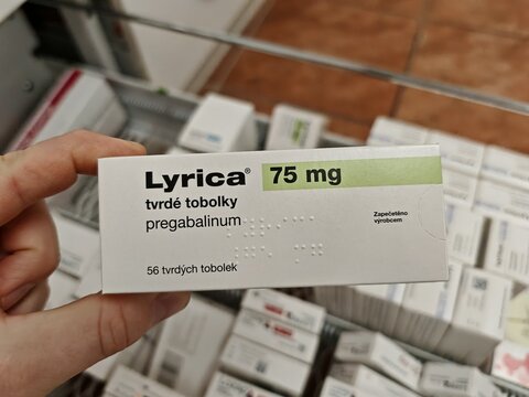 Prague, Czech Republic - December 7 2024: LYRICA box with PREGABALIN active substance by PFIZER, used for neuropathic pain, epilepsy, and anxiety disorders.	
