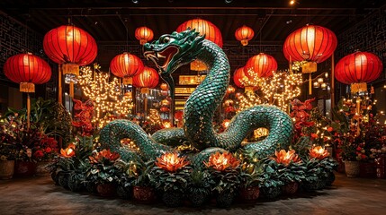 Fototapeta premium Vibrant celebration featuring a dragon statue surrounded by lanterns and flowers