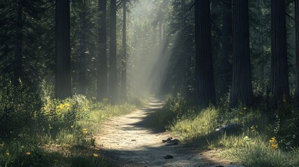 Obraz premium Sunlit Path Through a Misty Forest