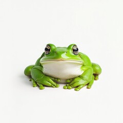 Obraz premium Green Frog Sitting Calmly on White Background with Emphasis on Texture and Detail in a Close-up Shot