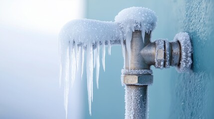 Frozen Faucet and Pipe with Ice and Frost in Cold Conditions