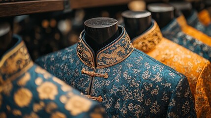 Traditional garments displayed on mannequins in a clothing store