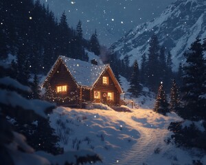 Fototapeta premium Cozy illuminated log cabin nestled in snowy mountain forest at night, Christmas lights and tree.