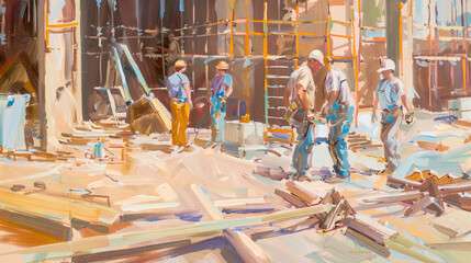 Construction workers collaborating on a vibrant building site in the sunlight