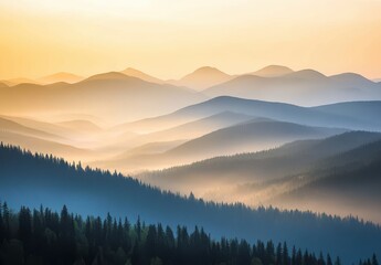 Serene Sunrise Over Layers of Misty Mountains and Lush Evergreen Forests Capturing the Essence of Tranquility and Natural Beauty in a Stunning Landscape