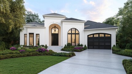 Fototapeta premium Modern luxury home exterior with elegant landscaping, driveway, and inviting entryway under a clear sky