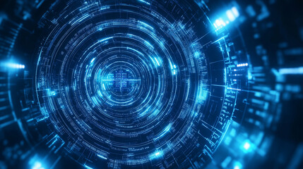 Futuristic Blue HUD Interface with Concentric Circles and Digital Effects