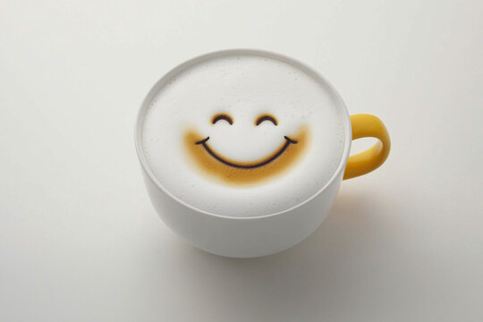 Creative latte art with a smiling face in a yellow cup