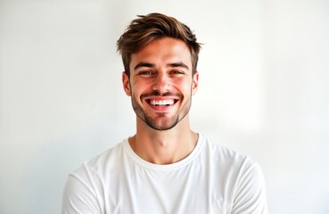 Fototapeta premium Handsome young man with short hair smiles cheerfully against white background. Indoor shot. Happy expression. Casual attire. Focus on head, upper body. Attractive male model. Confident look. Stylish