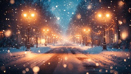 Obraz premium Serene Winter Night Scene with Soft Snowfall Illuminating a Quiet Street, Lighted Lanterns, and a Peaceful Atmosphere in a Snowy Town