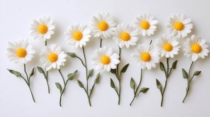 Fototapeta premium White daisies with bright yellow centers are meticulously arranged in neat rows, exuding a sense of purity and simplicity. Perfect for nature and floral themes.