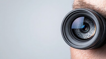 Through the Lens: A close-up shot of a camera lens peering through the eyebrow of a photographer, creating a sense of intrigue and capturing the essence of the artistic process.  