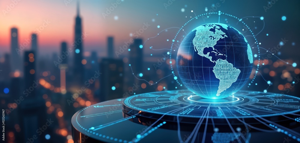 Poster Futuristic global electronics market concept. Digital globe floats above intricate tech network. Global data flows visible. Night cityscape blurred background represents global reach of electronics