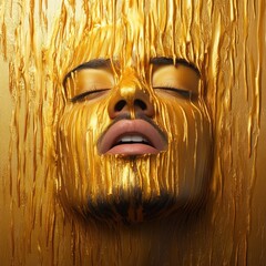 Sensual Portrait of a Person with Golden Body Paint Dripping Down the Face and Body in Artistic...