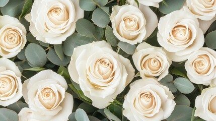 A serene arrangement of white roses surrounded by greenery, showcasing their delicate beauty and elegance.