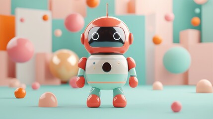 Fototapeta premium A colorful, playful robot character stands amidst soft geometric shapes and pastel spheres, creating a whimsical, vibrant scene.