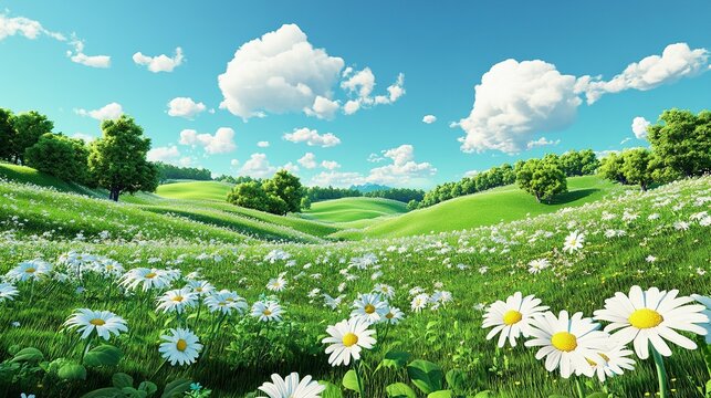 Spring background. Green meadow with chamomile flowers and trees. Cartoon illustration of beautiful summer valley landscape with blue sky.