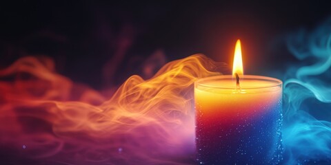 Captivating glow of a colorful candle illuminating a mystical space with vibrant wisps of smoke in the background