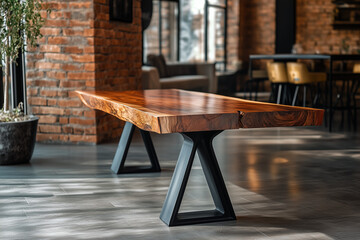 Handcrafted live-edge wooden dining table with sleek metal legs. A stunning blend of rustic charm and modern style, perfect for interior design and home decor concepts.