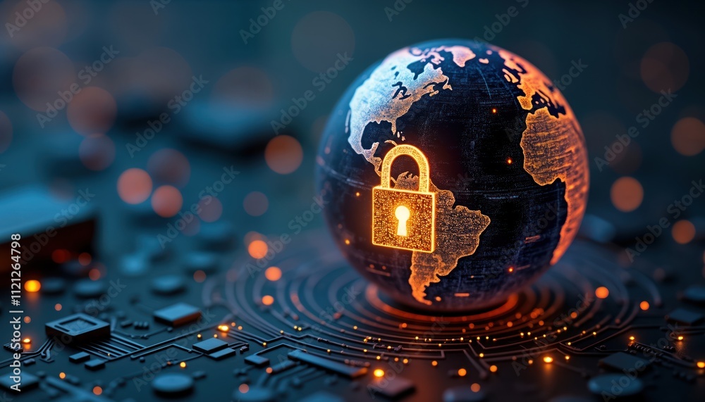 Aufkleber Globe with glowing digital padlock positioned on circuit board. Global cybersecurity concept. Digital protection visualized on tech. World security, data protection. Global tech safety concept.