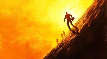 Business professionals climb steep mountain, symbolizing resilience and ambition in challenging environments. Achieve success and growth together.