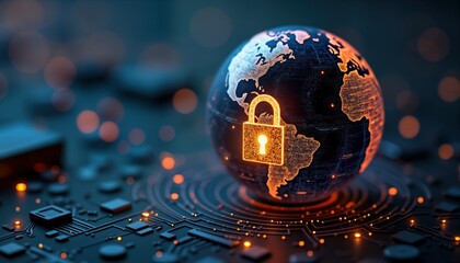Globe with glowing digital padlock positioned on circuit board. Global cybersecurity concept. Digital protection visualized on tech. World security, data protection. Global tech safety concept.