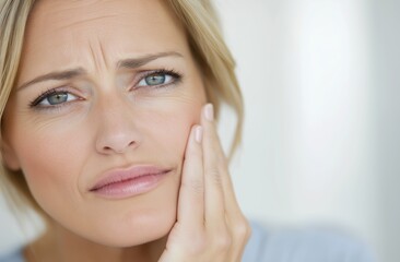 Woman with concerned look touching cheek on light background. Tooth sensitivity concept