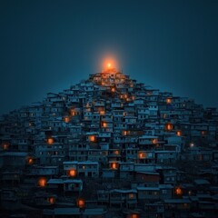 A tower of wealth overshadowing a village in darkness.