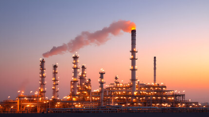 Fototapeta premium Sleek and modern industrial oil refinery with large petroleum tanks, pipes, and machinery, symbolising the energy sector and petroleum oil production in a high-tech environment