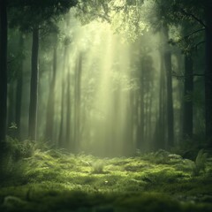 Obraz premium A forest with sunlight shining through the trees