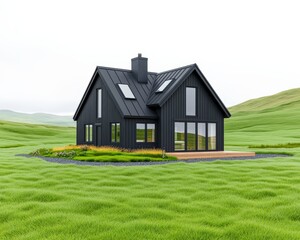 Modern Black House on Rolling Hills: A sleek and contemporary black house stands proudly amidst rolling green hills, showcasing a minimalist design that blends seamlessly with the natural landscape.