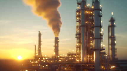 Fototapeta premium Sleek and modern industrial oil refinery with large petroleum tanks, pipes, and machinery, symbolising the energy sector and petroleum oil production in a high-tech environment